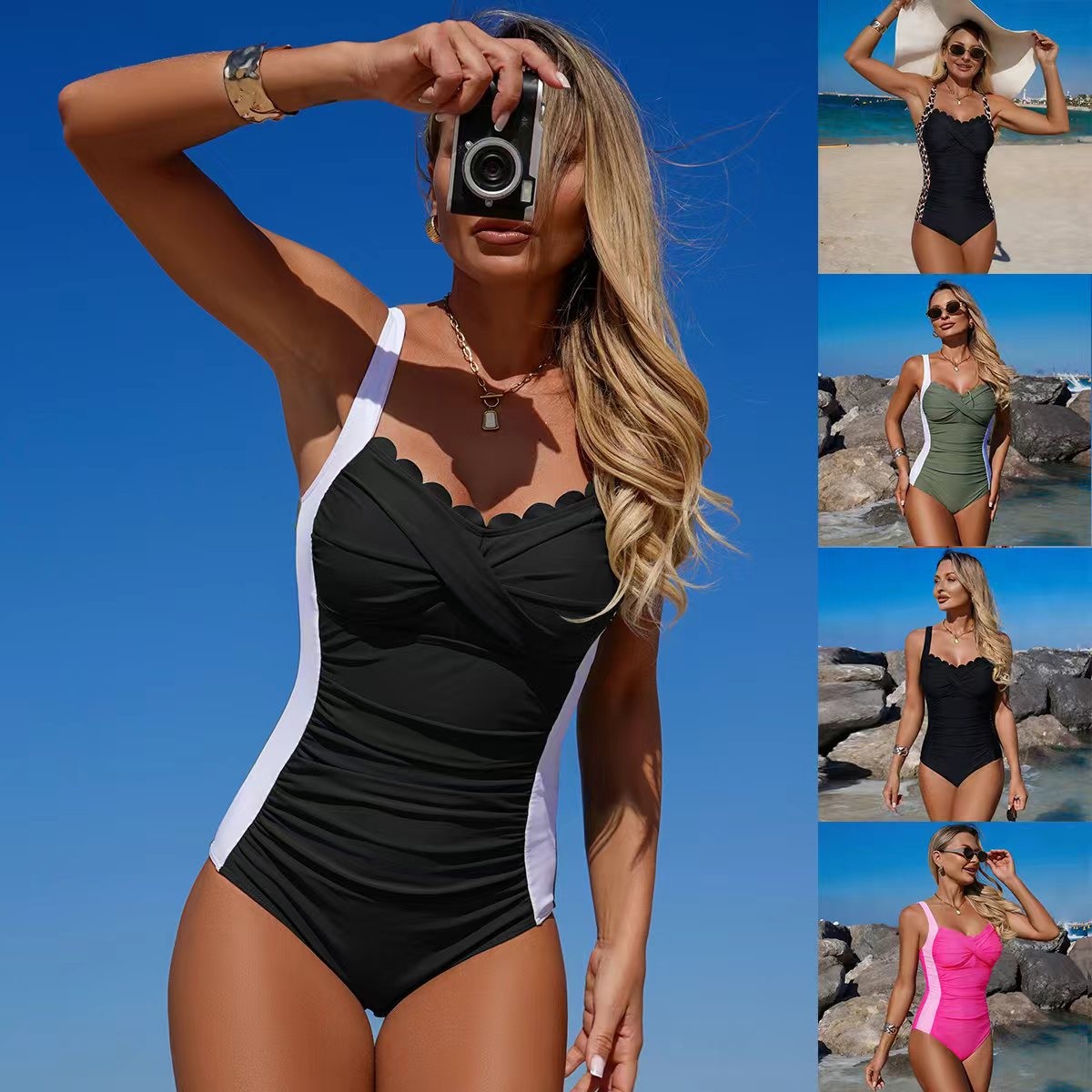 Swimsuit One Piece - Black Swimsuit Scalloped Neckline Twisted Front