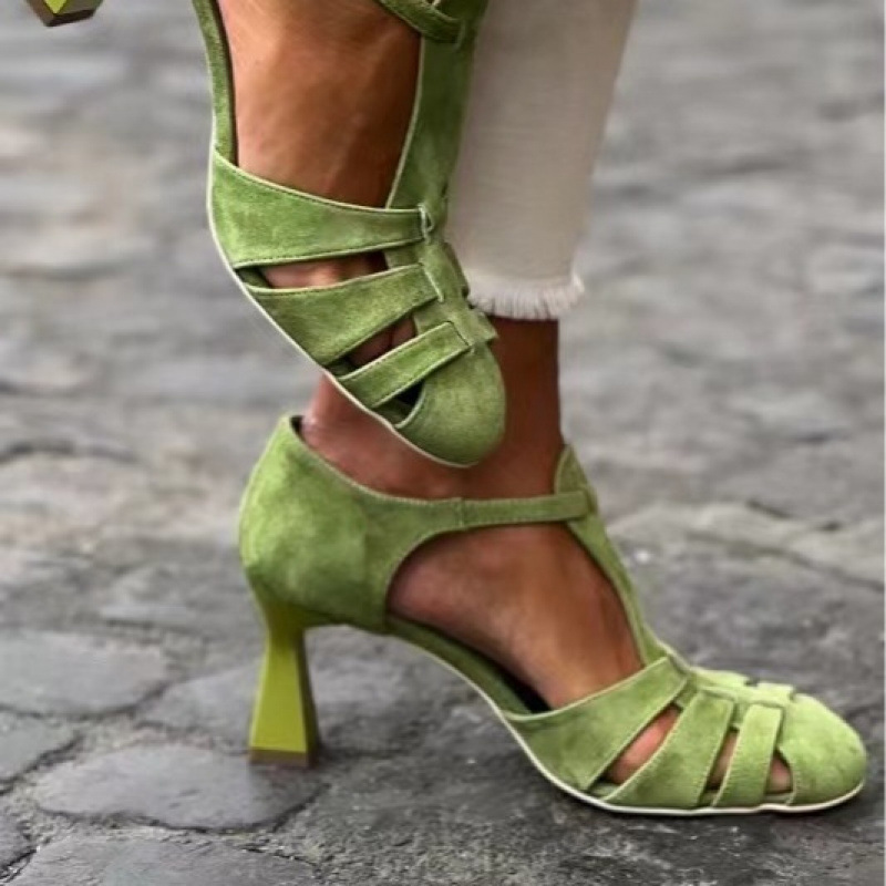 Summer Clothing Petite - Women's Green Suede Kitten Heel T-Strap