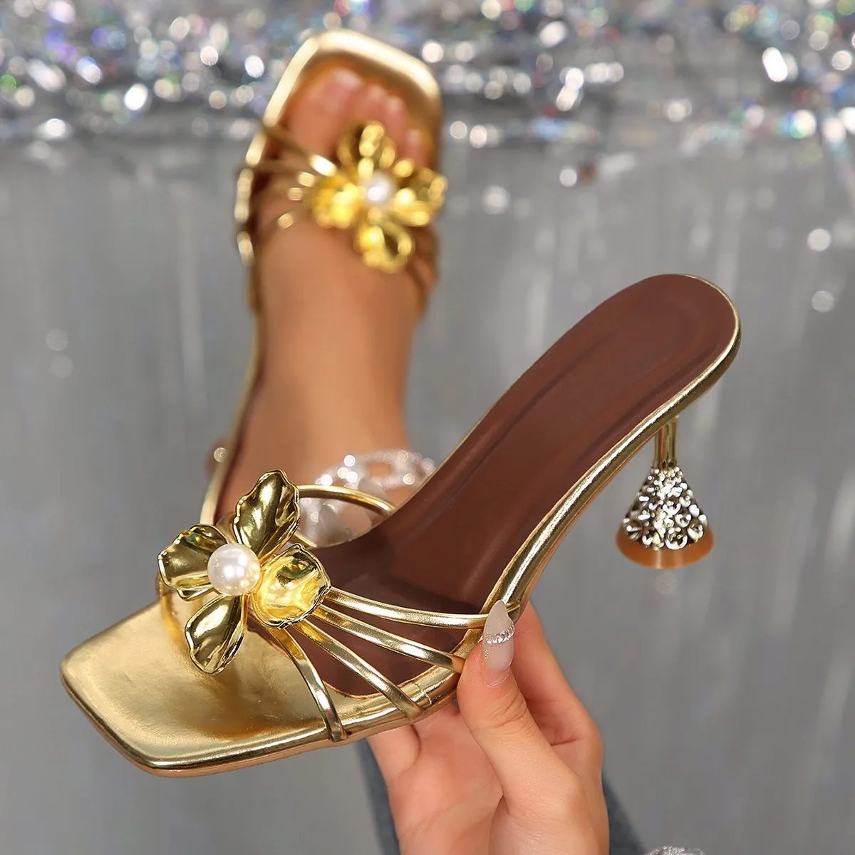 Summer Clothing Petite - Vintage Metal Flower Crystal Cone Heel