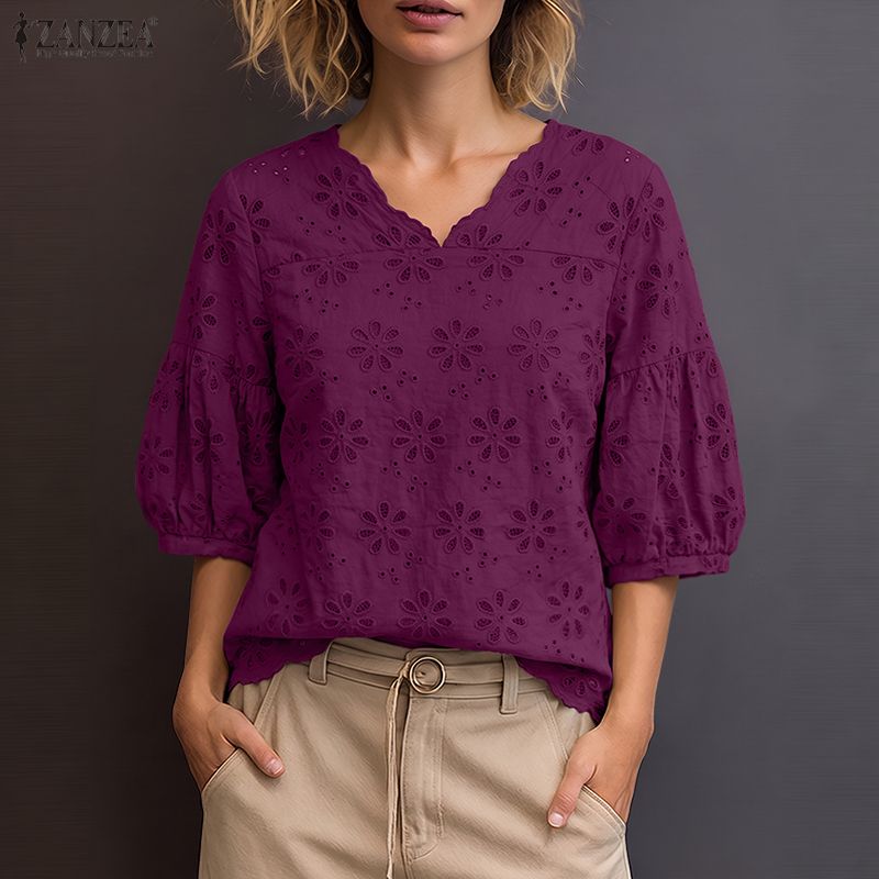 Summer Clothing Wear - ZANZEA 2026 Eyelet Embroidery Blouses Woman