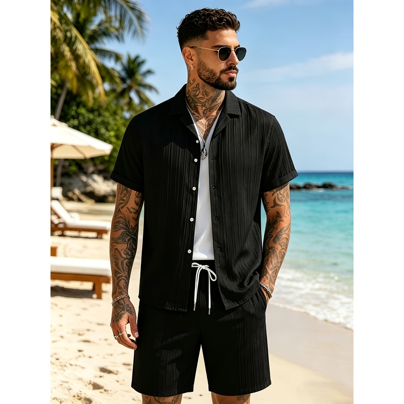 Summer Clothing Sets - 2Men's Summer Casual Suit Set，Cuban collar
