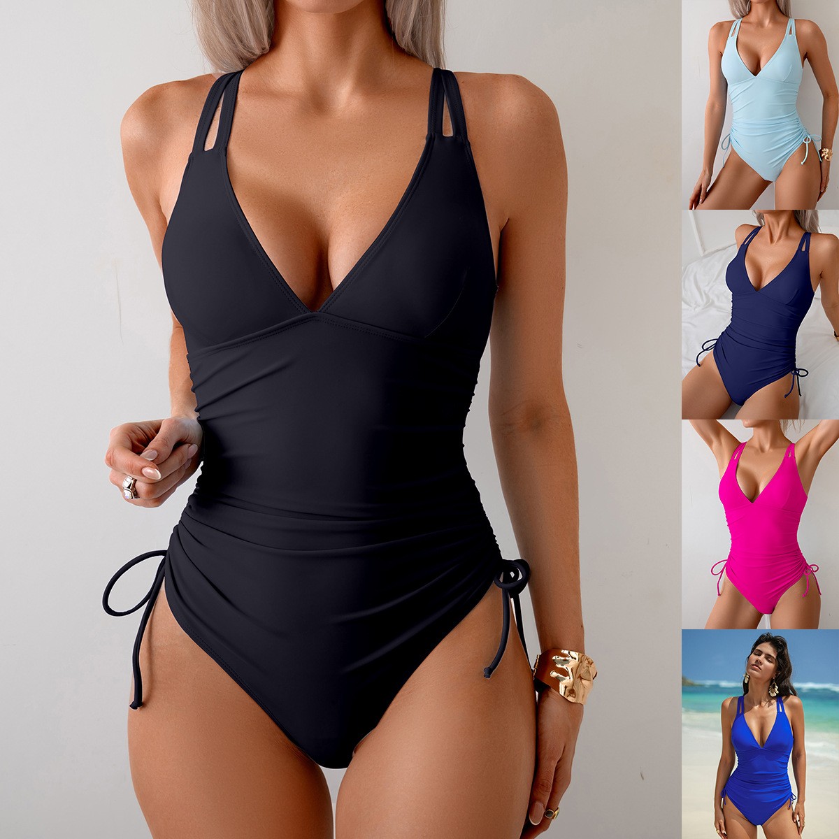 Solid Black Swimsuit V Neck Ru - огляд і ціна Swimsuit One Piece